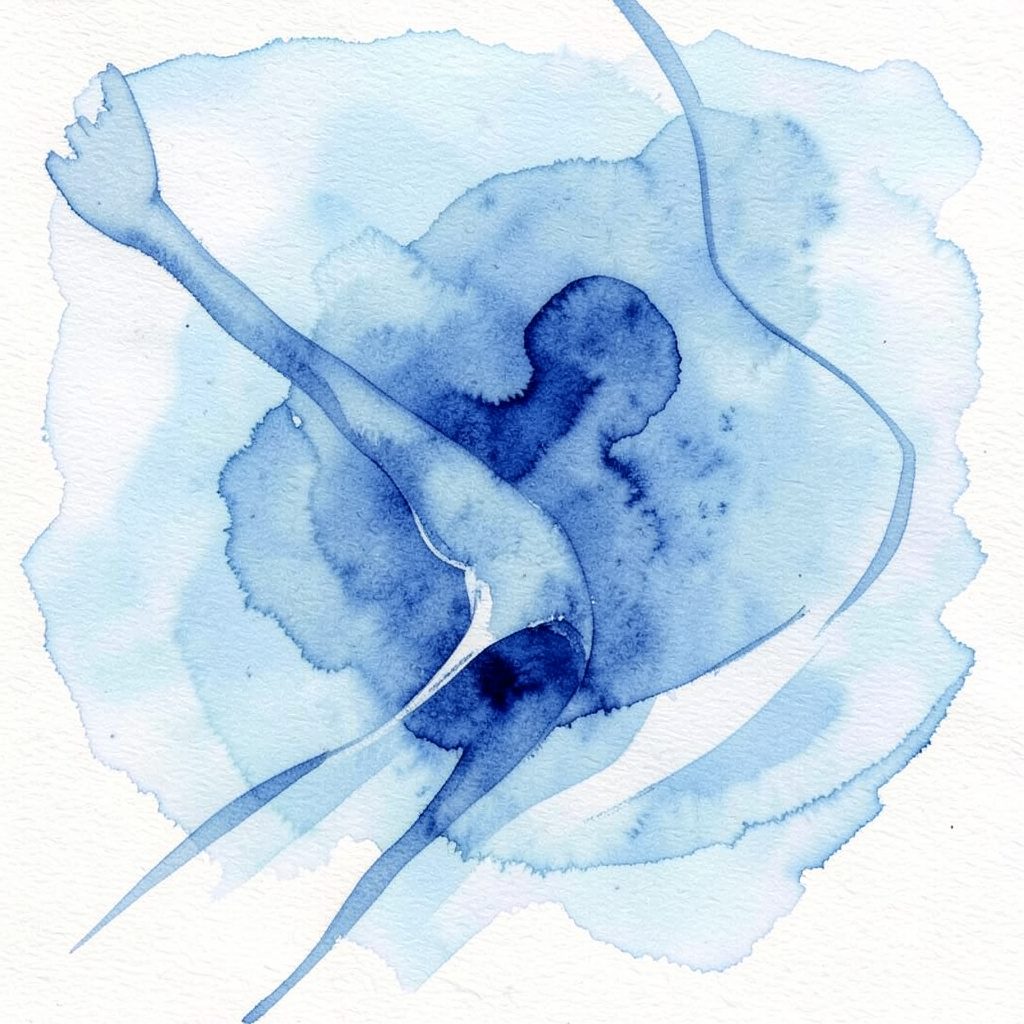 Soft watercolour composition in steel-blue and pale sky-blue, with abstract flowing shapes evoking energy and movement